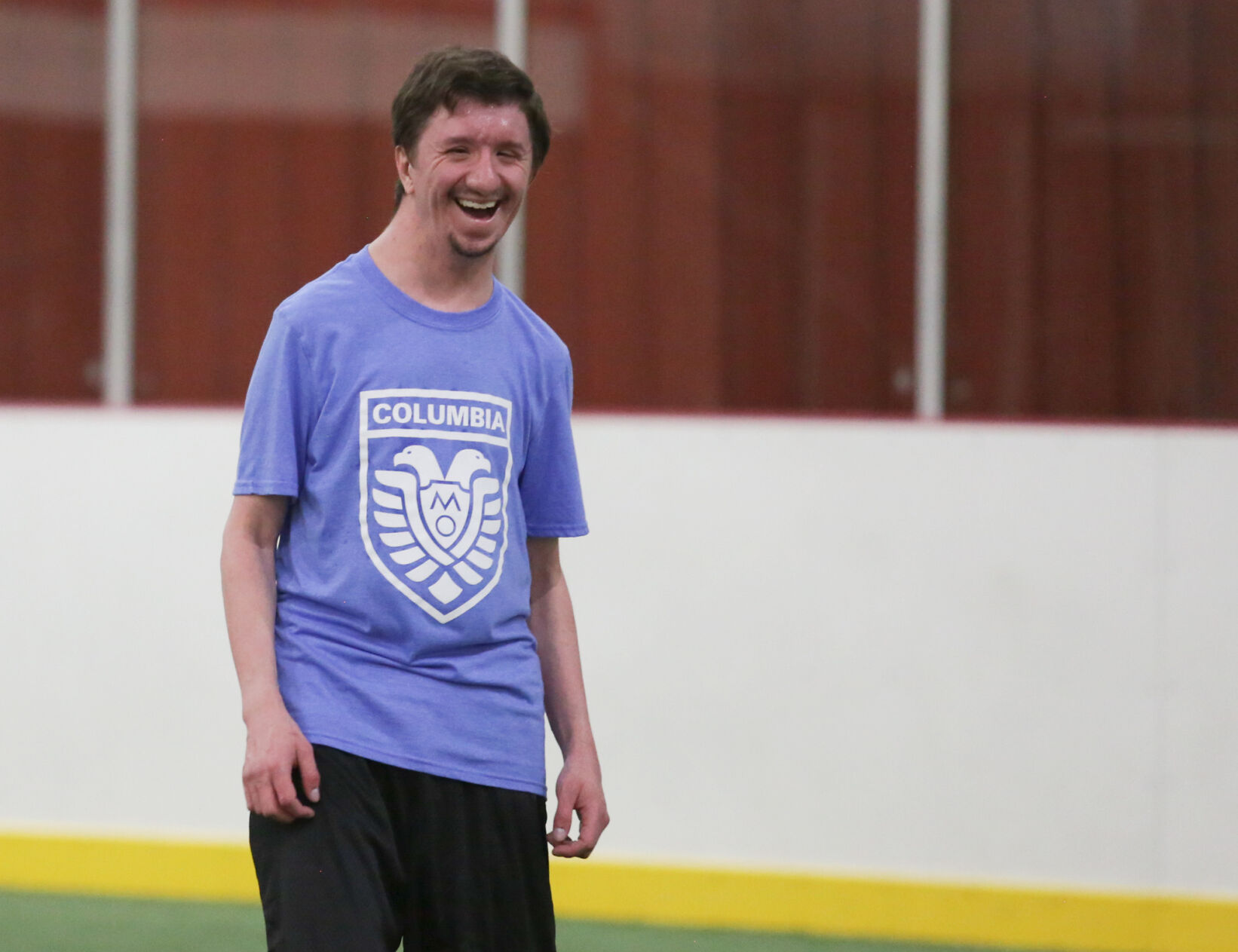 Matthew Frappier laughs during practice